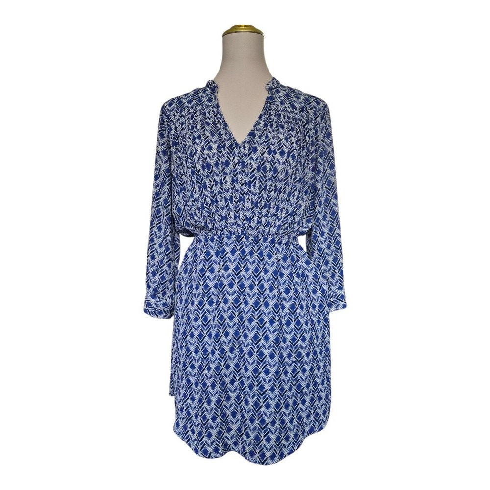 Anthropologie Maeve Galen Dress XS Blue White Geometric‎ Print Long Sleeve
